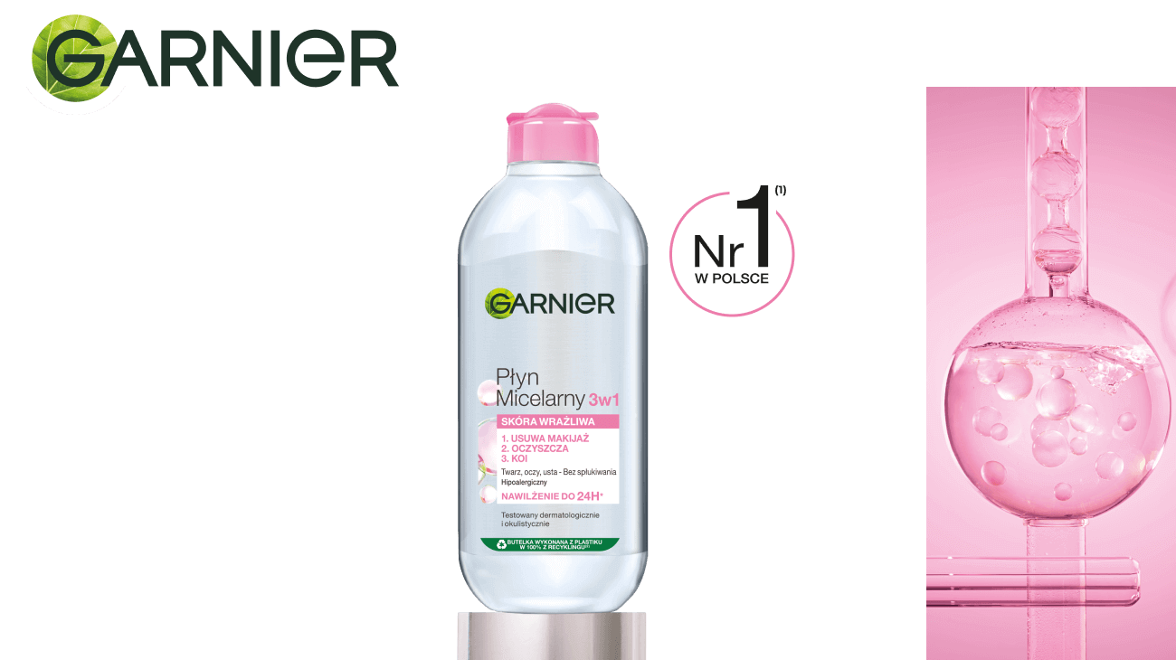 Opakowanie płynu micelarnego Garnier 3w1 i wizualizacja nawilżającej formuły płynu